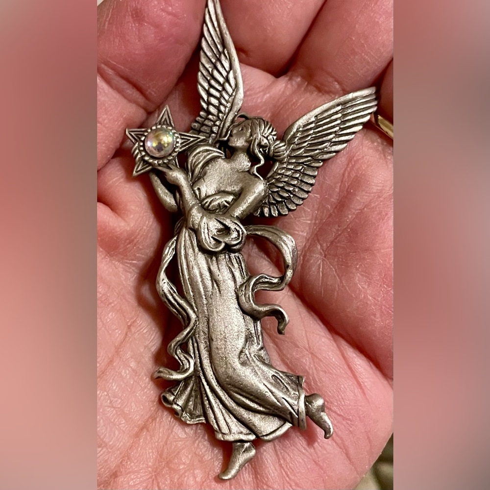 JJ Silver Angel Pendant with Opalescent Stone - Women Jewelry